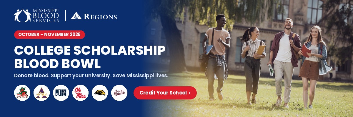 Regions Bank College Scholarship Blood Bowl, October to November 2026. Donate blood and credit your school.